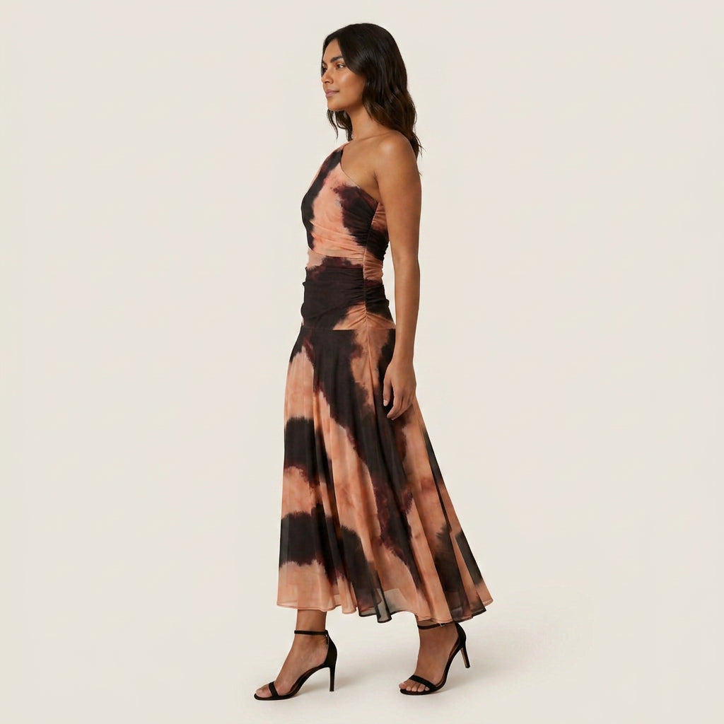 Robe Midi Asymétrique Un Seul Épaule Effet Gaze