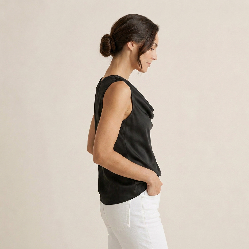 Top Femme Satin Sans Manches Col Cascade Coupe Fluide
