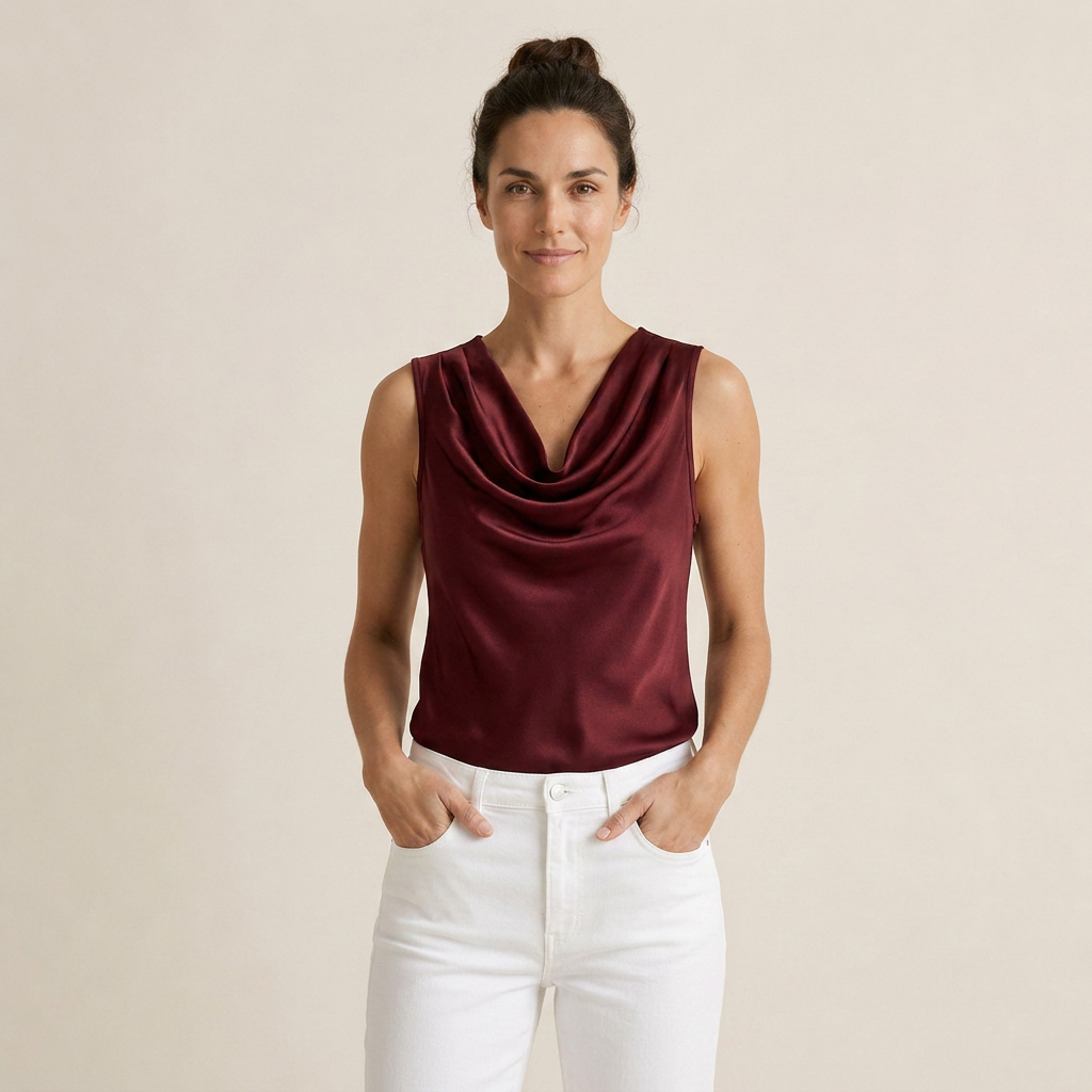 Top Femme Satin Sans Manches Col Cascade Coupe Fluide