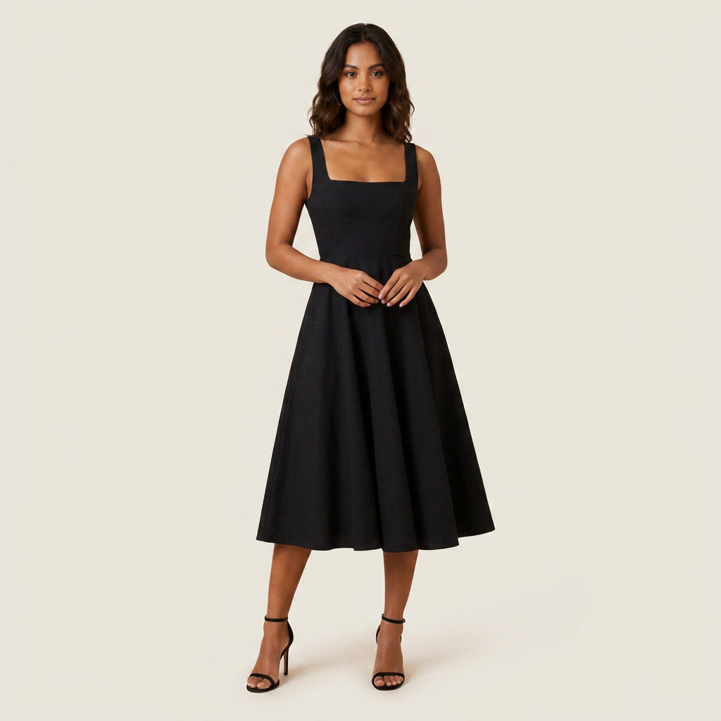 Robe Midi Femme Décolleté Carré Jupe Évasée