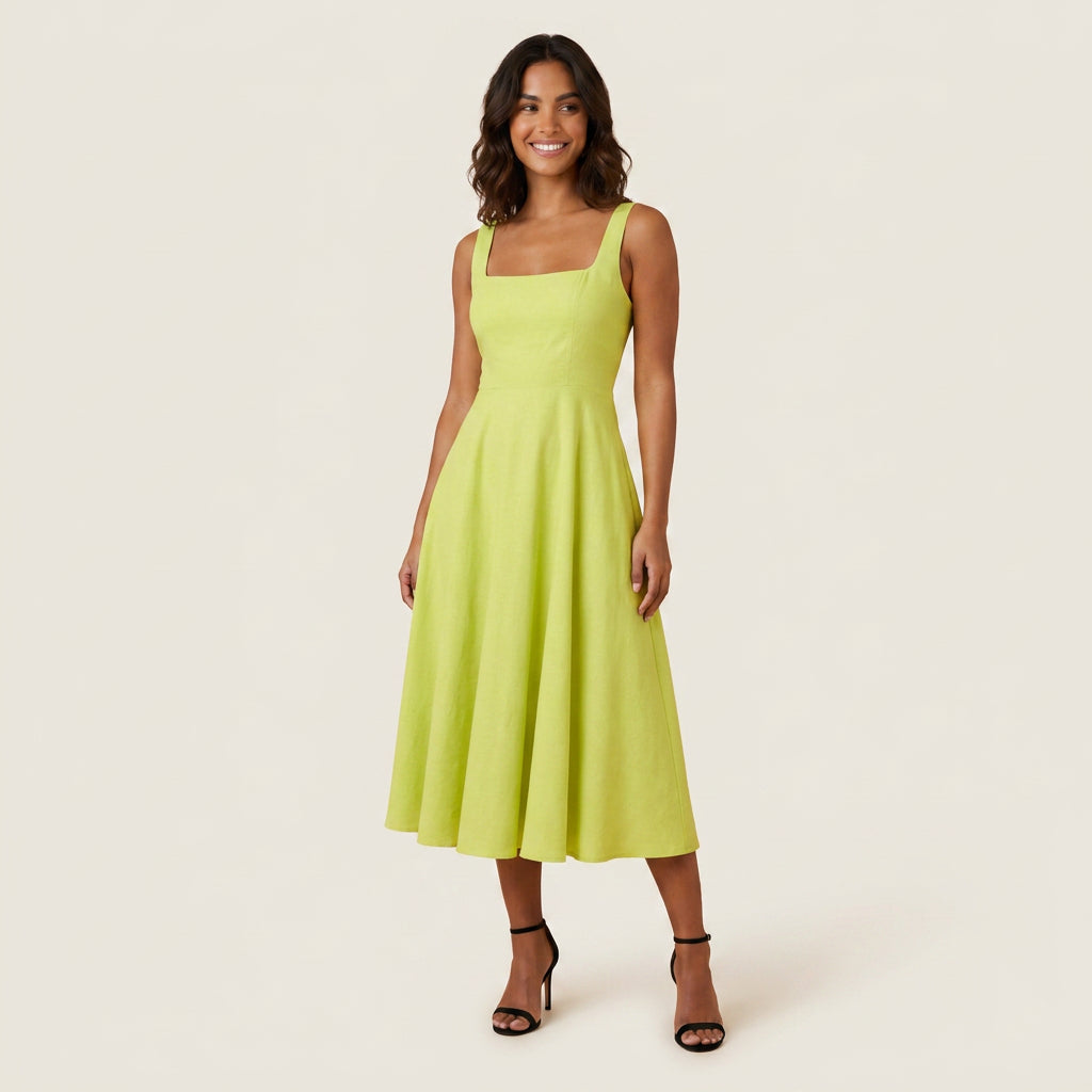 Robe Midi Femme Décolleté Carré Jupe Évasée