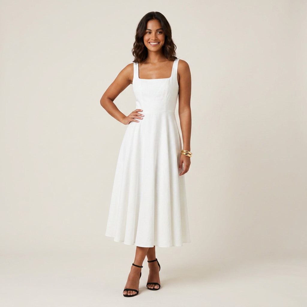 Robe Midi Femme Décolleté Carré Jupe Évasée