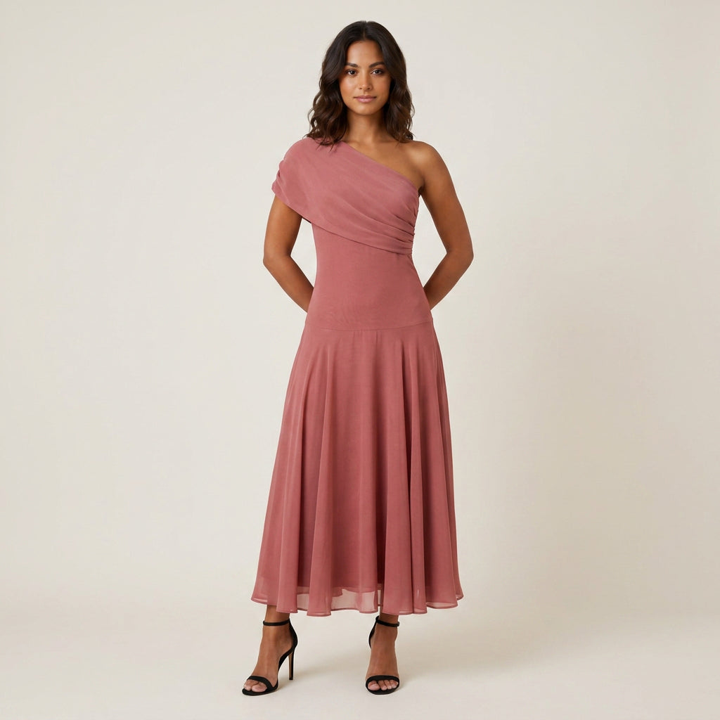 Robe Midi Asymétrique Un Seul Épaule Effet Gaze