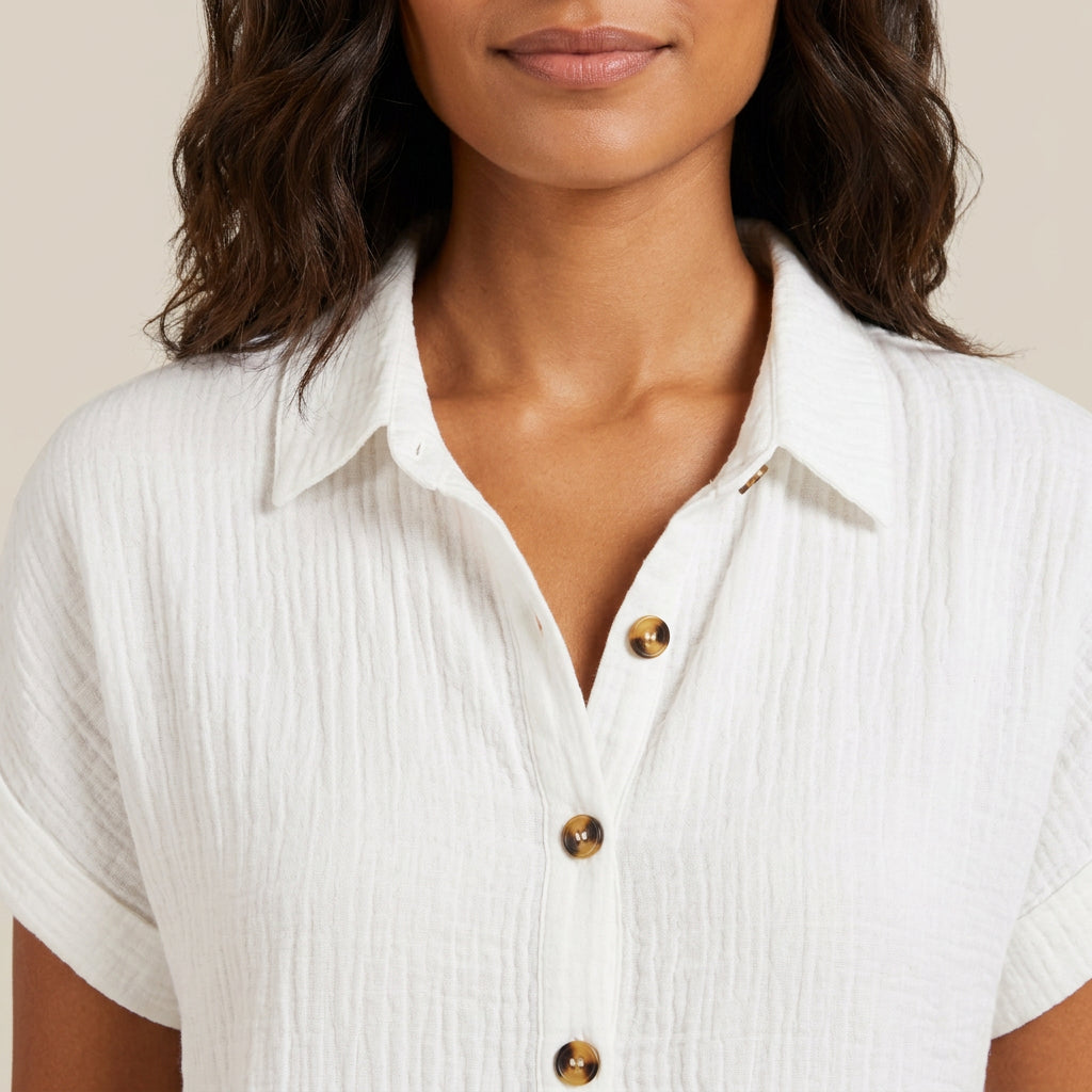 Robe Chemise Femme en Mousseline de Coton, Boutons Bois et Poches