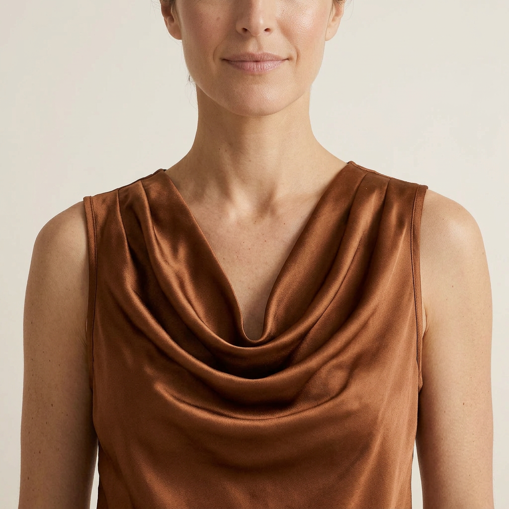 Top Femme Satin Sans Manches Col Cascade Coupe Fluide