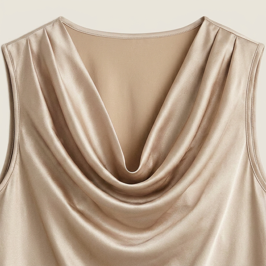 Top Femme Satin Sans Manches Col Cascade Coupe Fluide