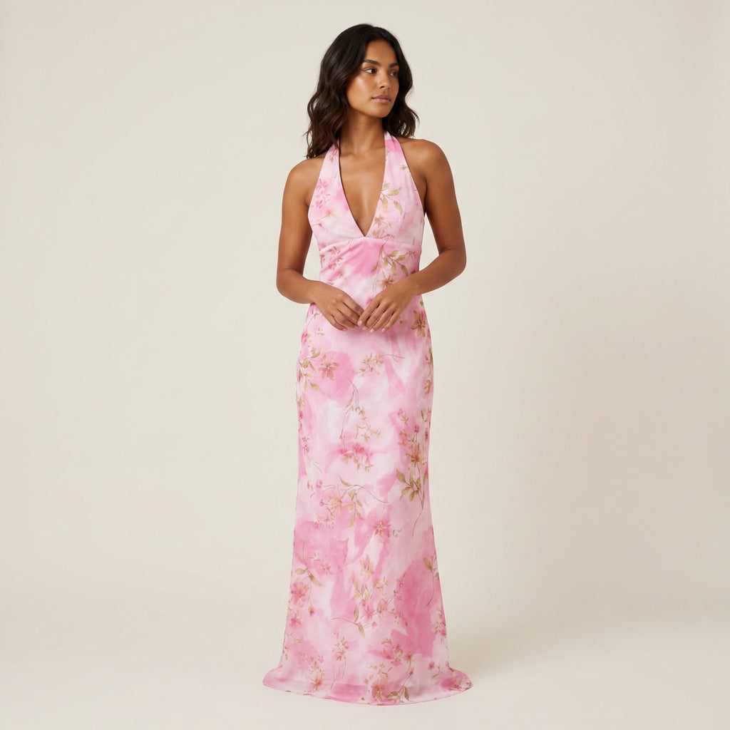 Robe Longue Femme Col Halter Dos Nu Décolleté en V