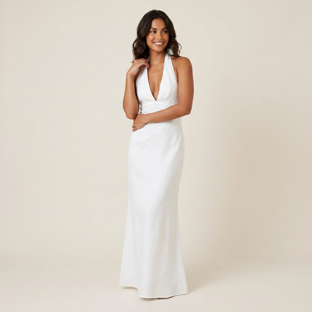 Robe Longue Femme Col Halter Dos Nu Décolleté en V