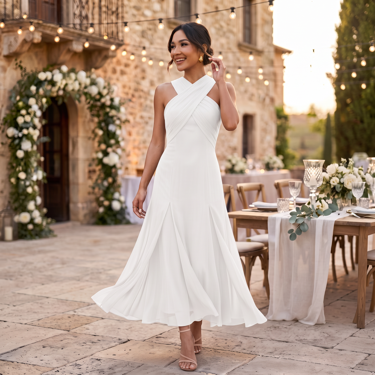 Robe Longue Femme Invitée Mariage en Gaze Fluide avec Nœud