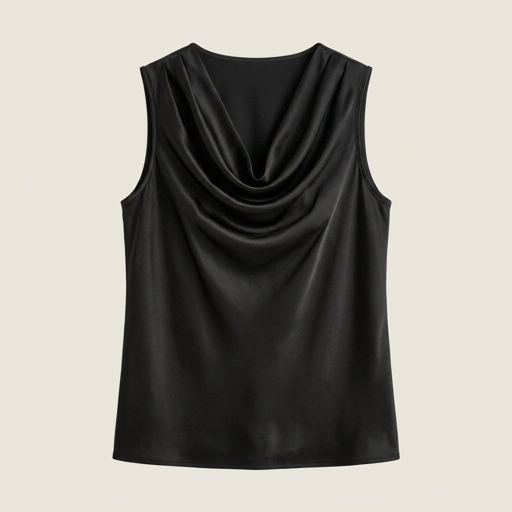 Top Femme Satin Sans Manches Col Cascade Coupe Fluide