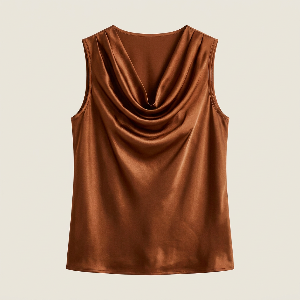 Top Femme Satin Sans Manches Col Cascade Coupe Fluide