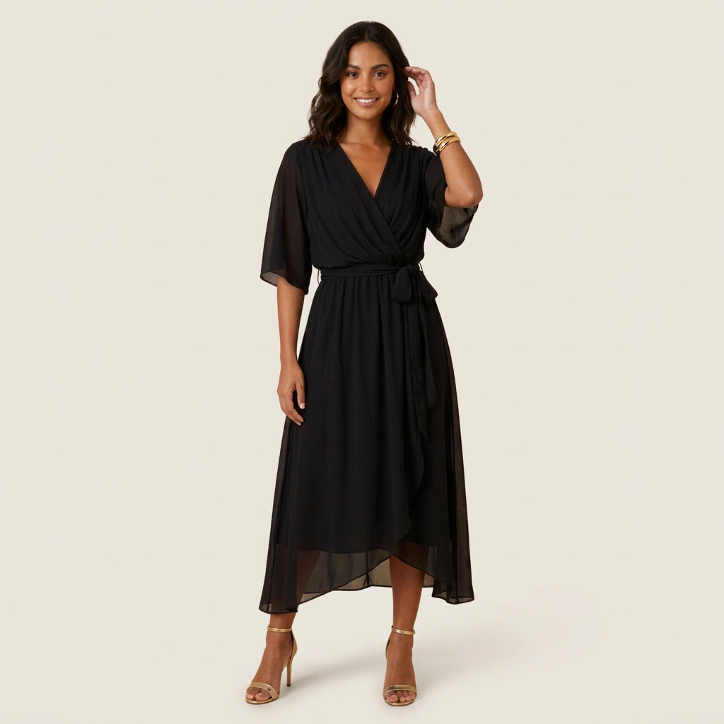 Robe Midi Cache-Cœur Effet Gaze à Volant pour Femme