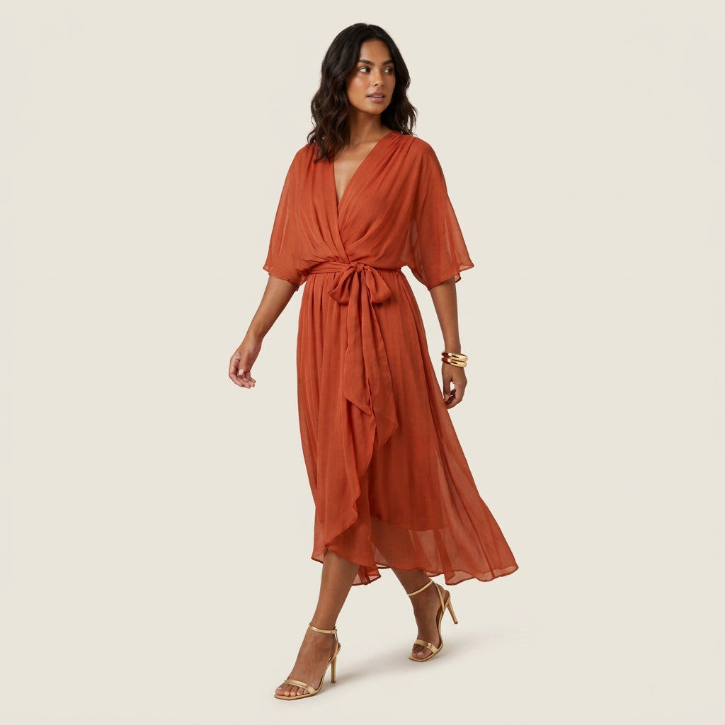 Robe Midi Cache-Cœur Effet Gaze à Volant pour Femme
