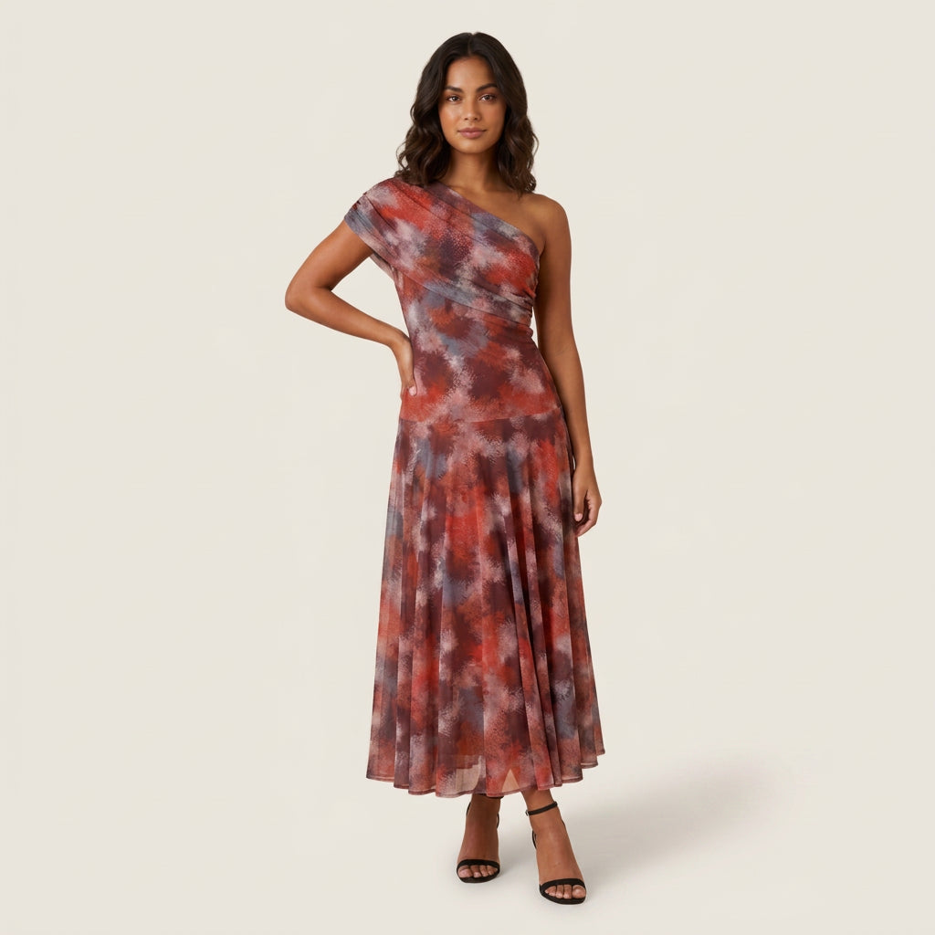 Robe Midi Asymétrique Un Seul Épaule Effet Gaze