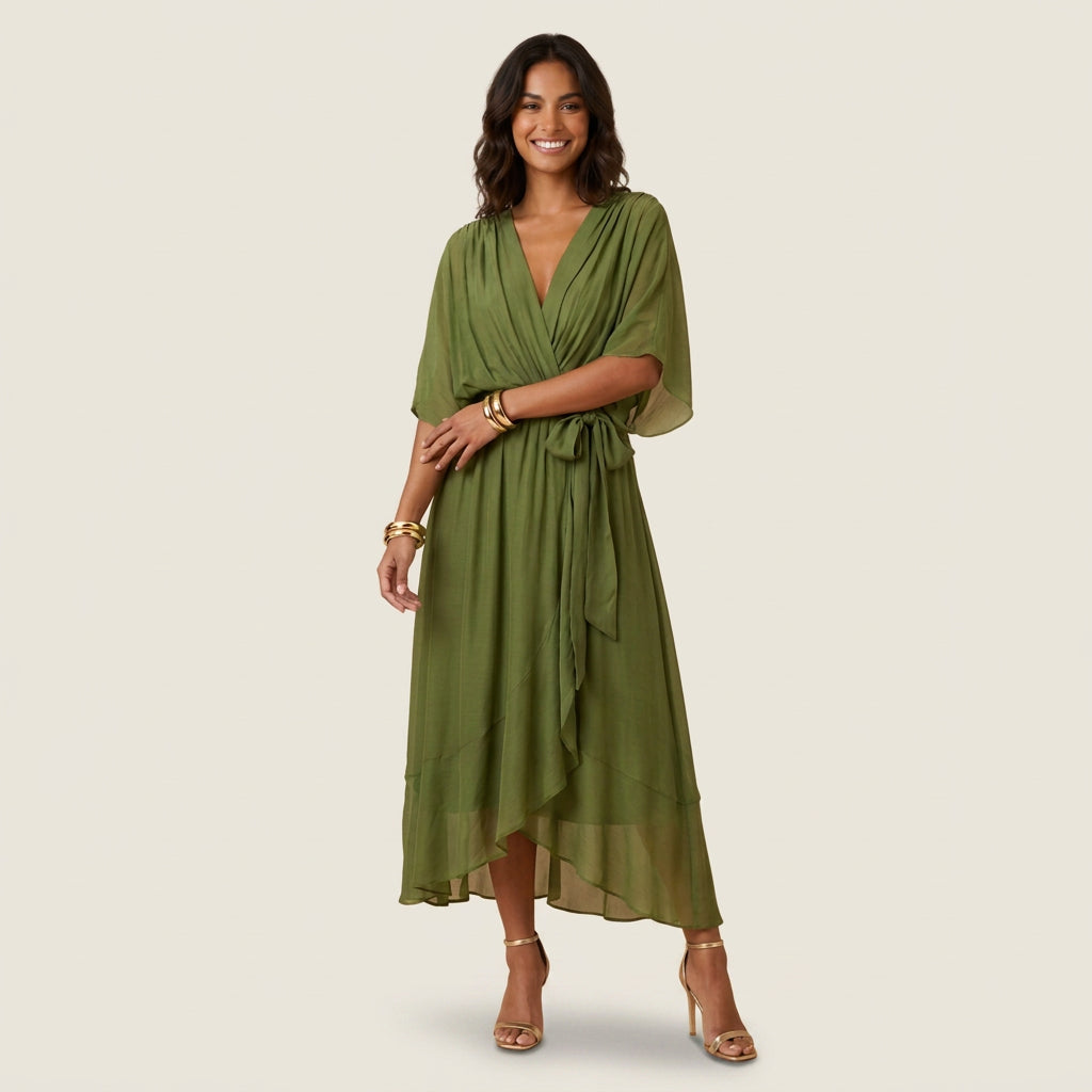 Robe Midi Cache-Cœur Effet Gaze à Volant pour Femme