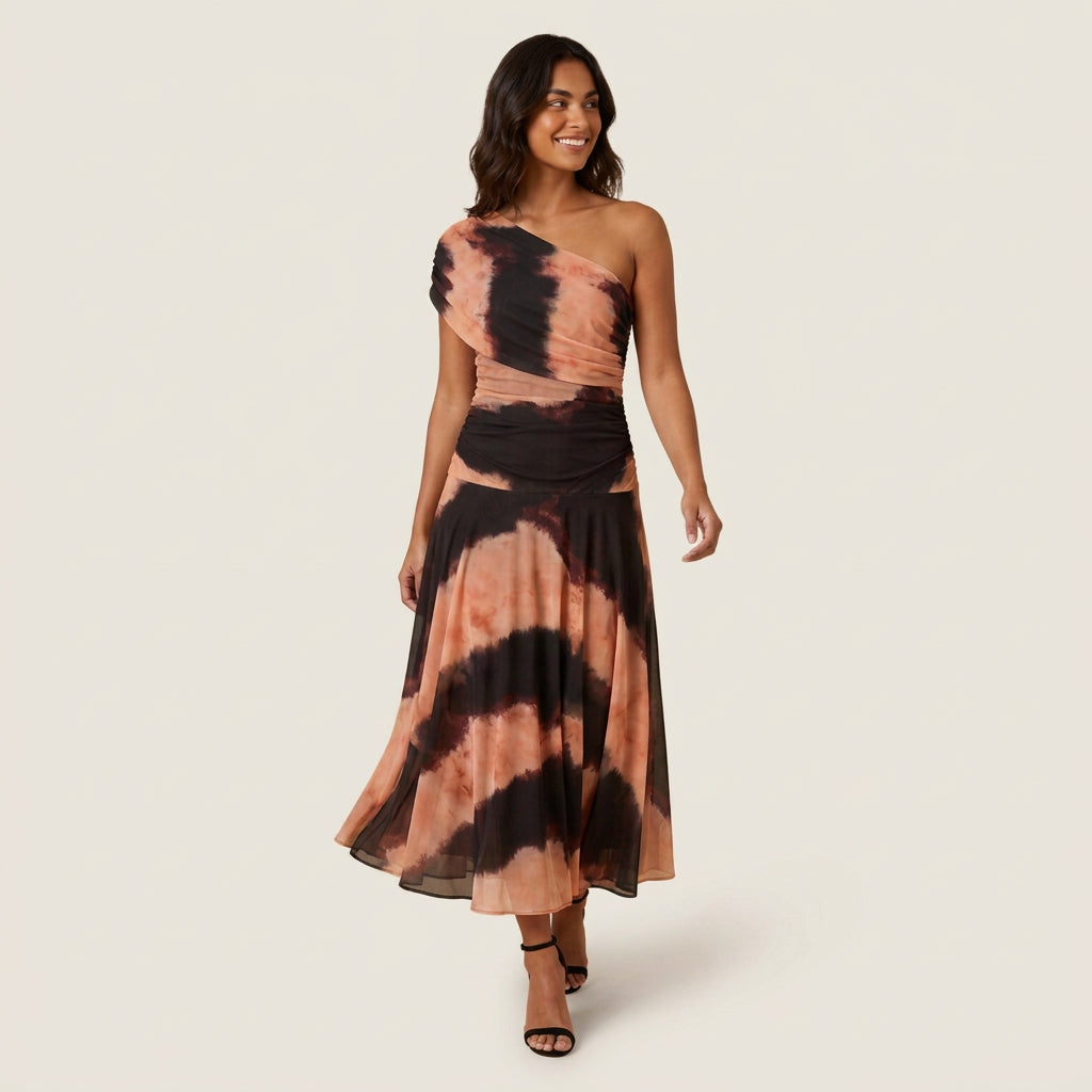 Robe Midi Asymétrique Un Seul Épaule Effet Gaze