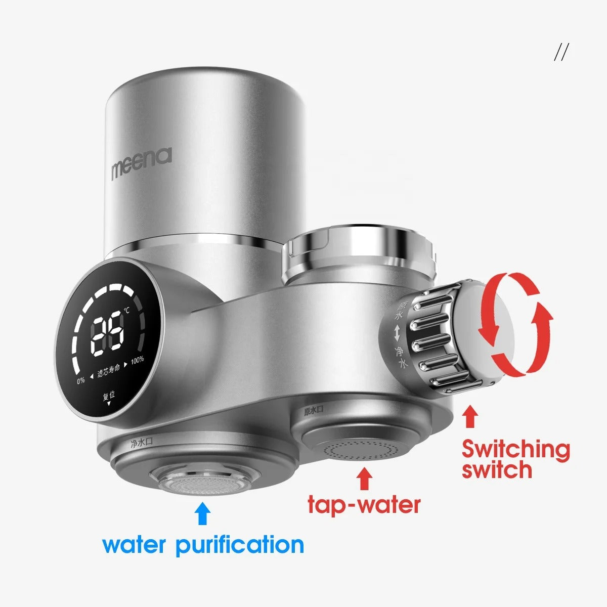 Kraanwaterfilter met LED-display – van ABS en roestvrij staal van voedingskwaliteit voor in de keuken, met twee waterstanden