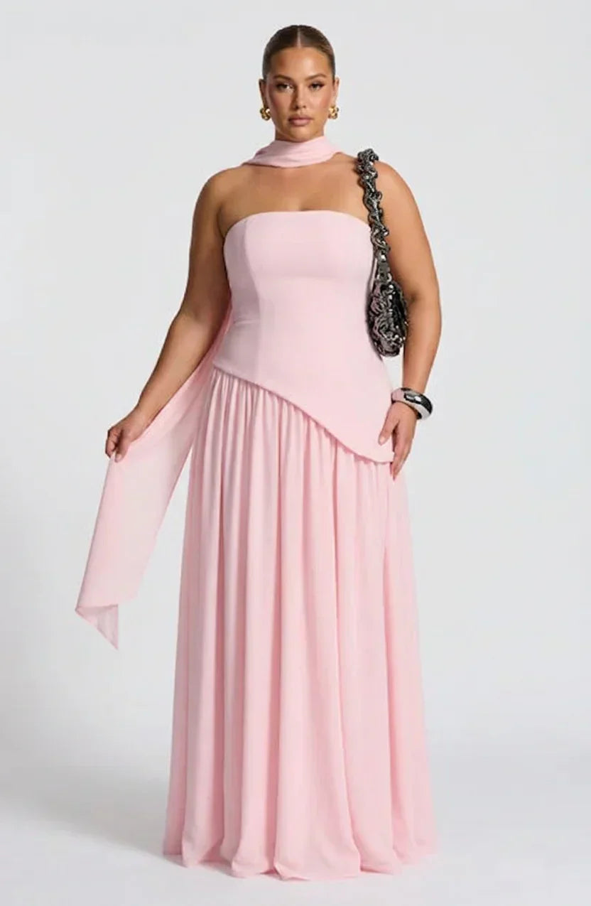 Robe Longue Bustier Noire et Blanche à Fente Asymétrique