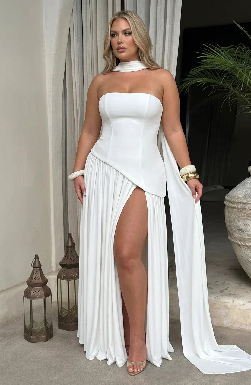 Robe Longue Bustier Noire et Blanche à Fente Asymétrique