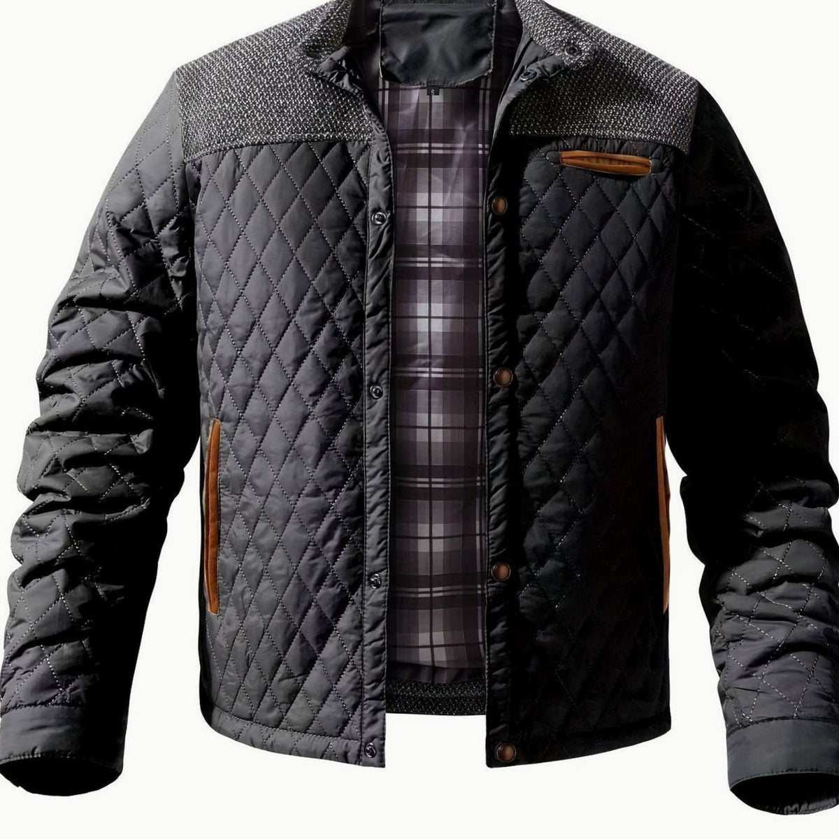 Veste Homme Matelassée Col Montant à Pressions, Doublure Flanelle