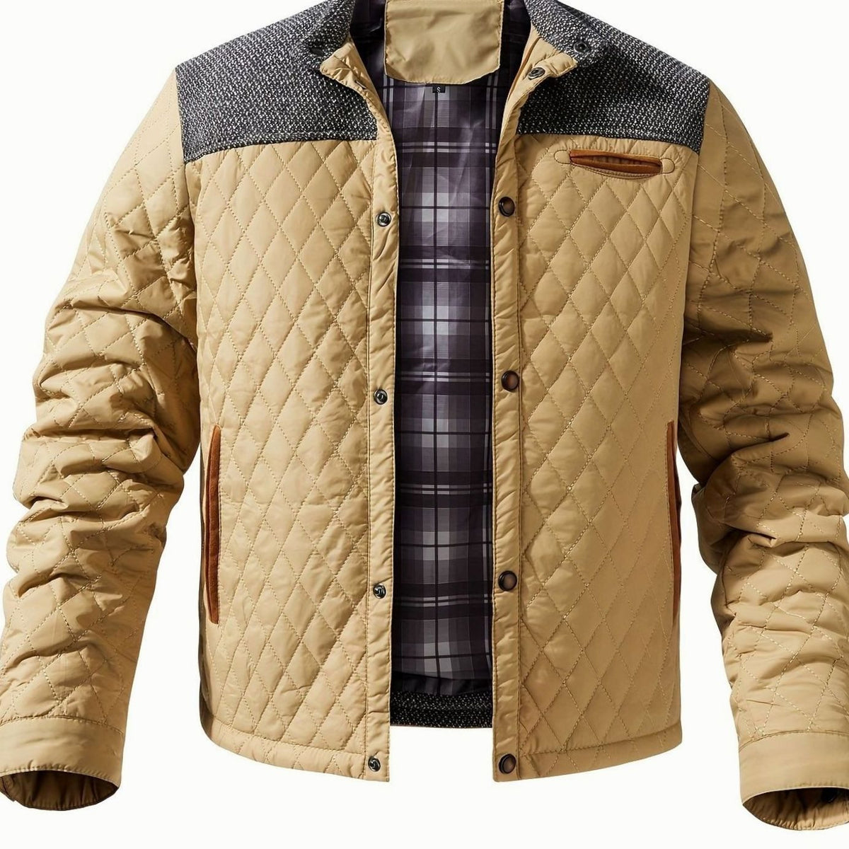 Veste Homme Matelassée Col Montant à Pressions, Doublure Flanelle