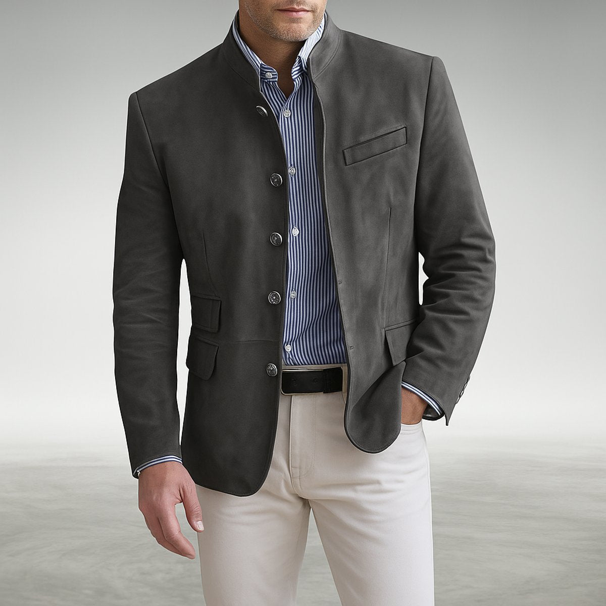 Blazer Homme Col Mandarin Structuré à Boutonnage