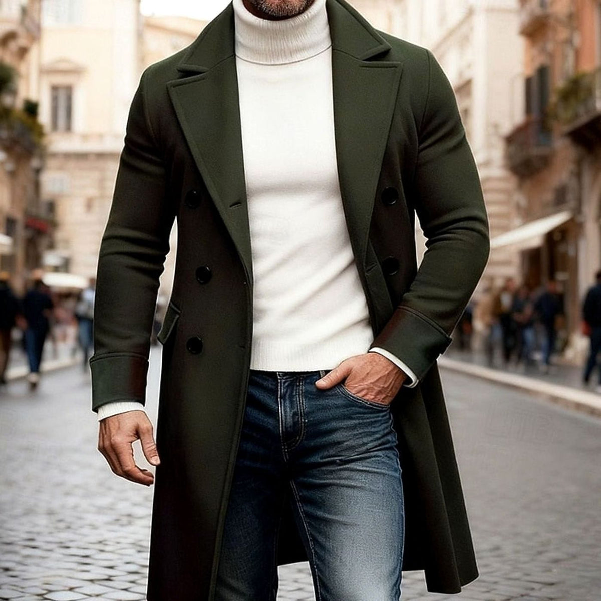 Manteau Long Homme en Laine Croisée – Coupe Ajustée