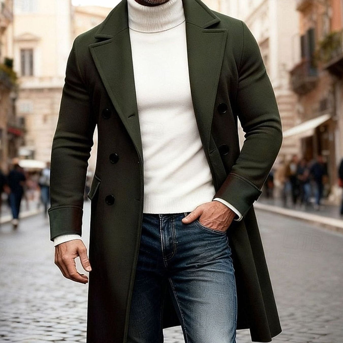 Manteau Long Homme en Laine Croisée – Coupe Ajustée