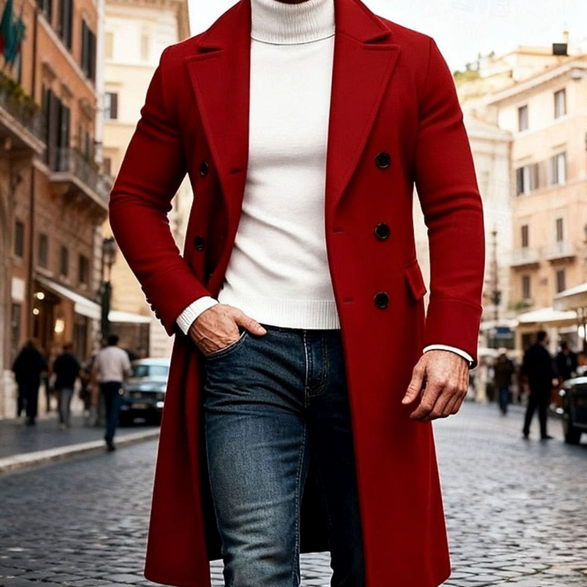 Manteau Long Homme en Laine Croisée – Coupe Ajustée