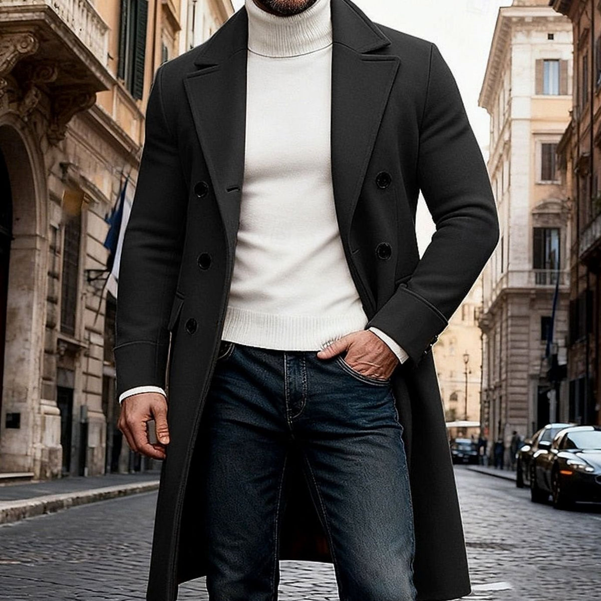Manteau Long Homme en Laine Croisée – Coupe Ajustée