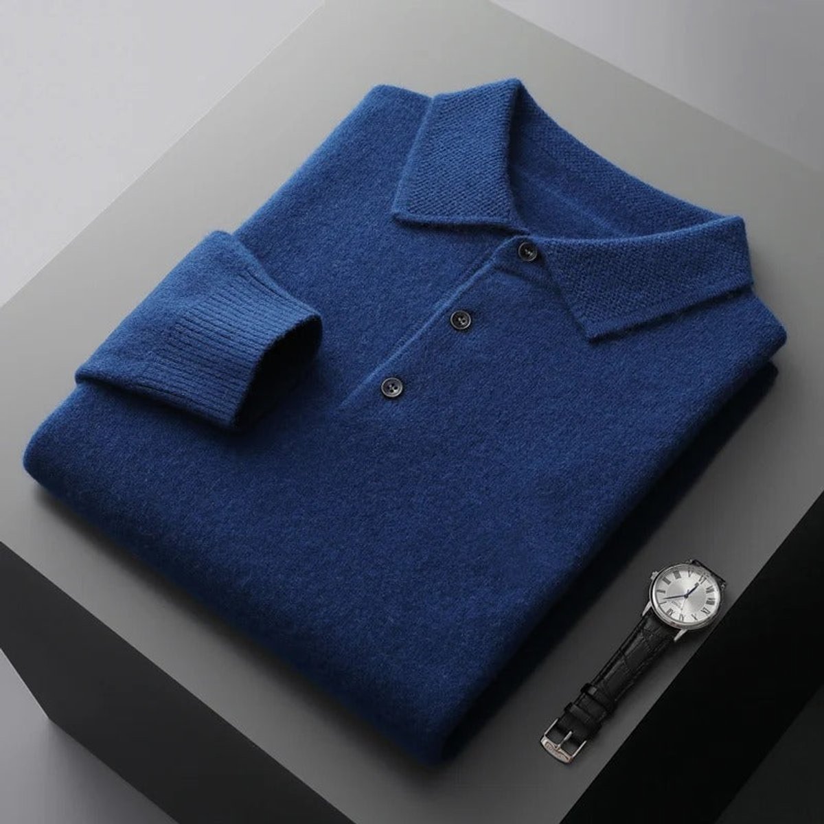 Pull Col Polo Homme en Cachemire, Fermeture Boutonnée et Manches Longues