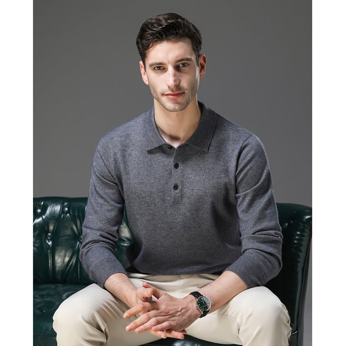 Pull Col Polo Homme en Cachemire, Fermeture Boutonnée et Manches Longues