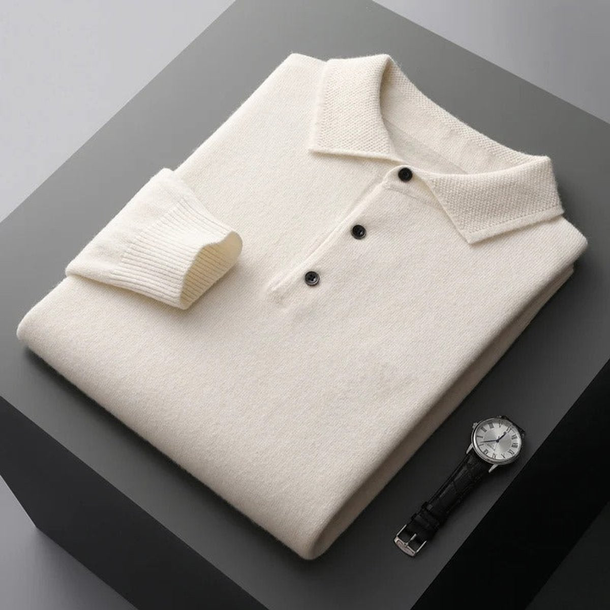 Pull Col Polo Homme en Cachemire, Fermeture Boutonnée et Manches Longues