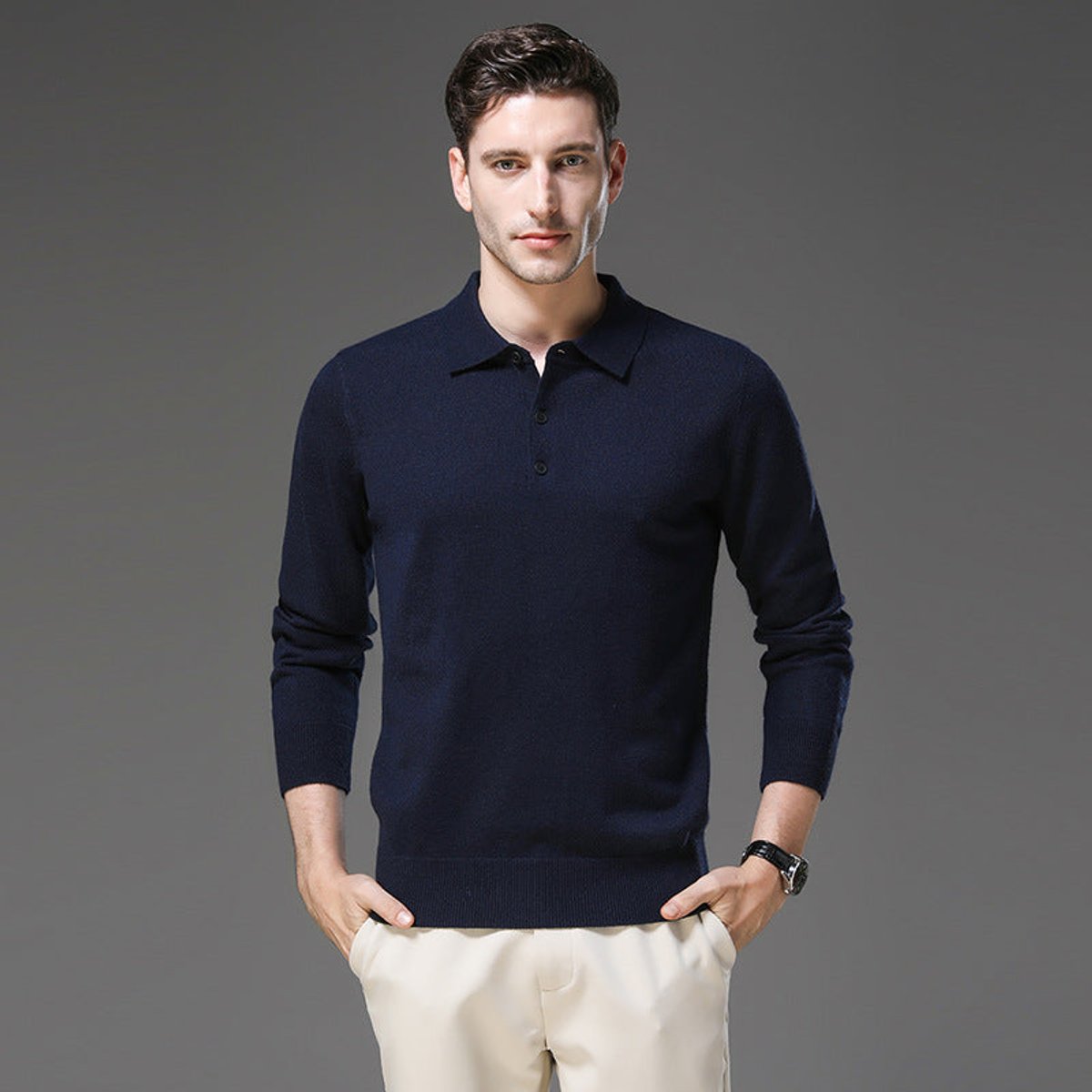 Pull Col Polo Homme en Cachemire, Fermeture Boutonnée et Manches Longues