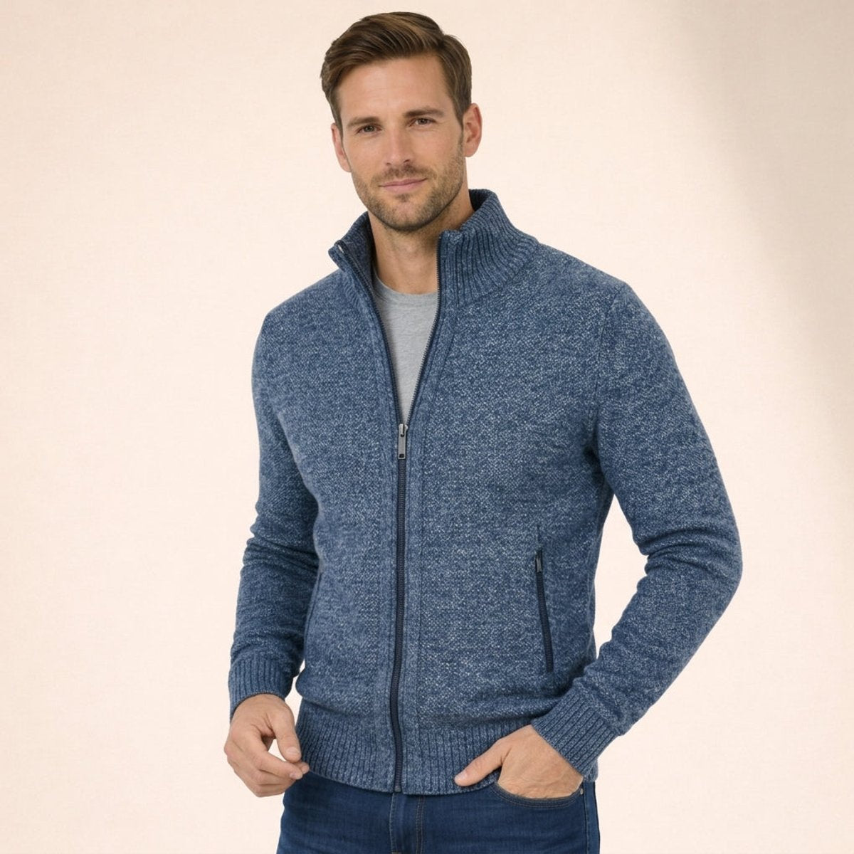 Pull Homme Laine Mérinos Zippé Col Montant