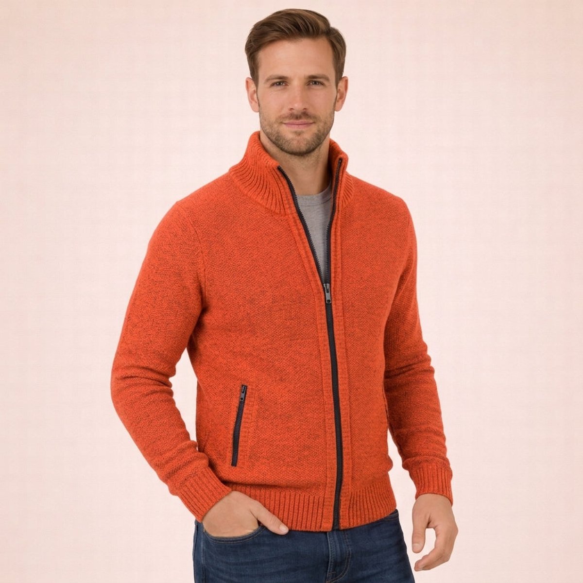 Pull Homme Laine Mérinos Zippé Col Montant