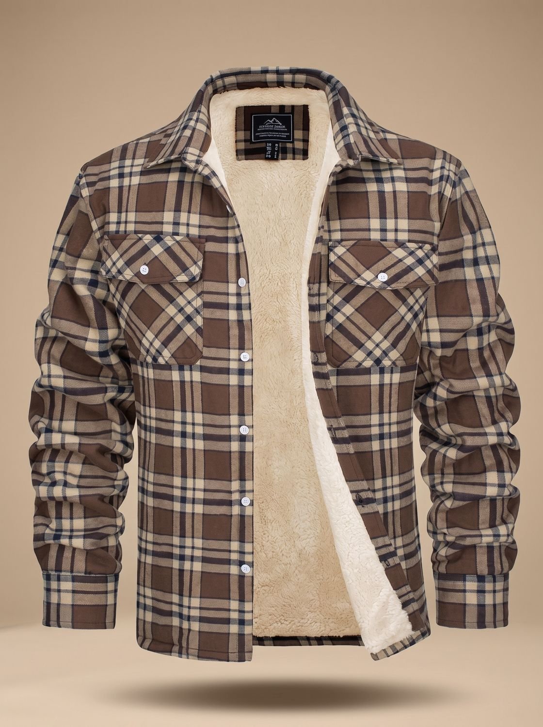 Men's Sherpa Lined Flannel Shirt Jacket Fleece Plaid Overshirt - Khaki