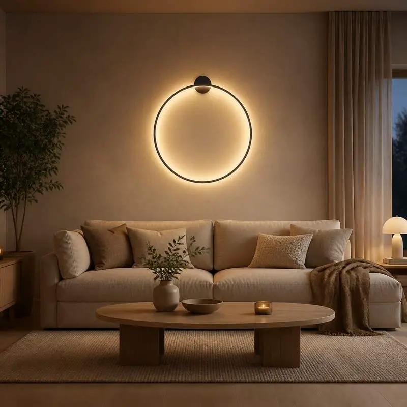 A modern circular LED wall light with a black frame and warm glow, mounted on a beige wall above a neutral-toned sofa in a styled living room.