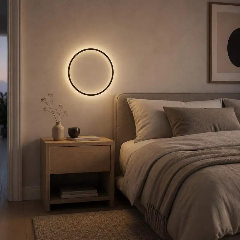 A modern circular LED wall light with a thin black frame glowing warm white, mounted on a beige textured wall above a wooden nightstand in a styled bedroom.