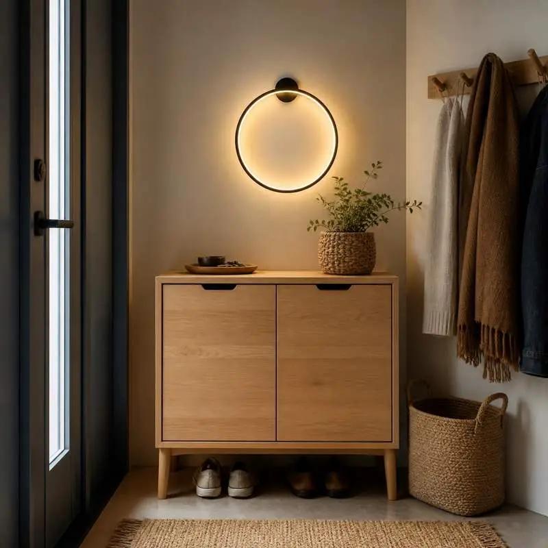 KRETS black LED ring wall lamp illuminating a Scandinavian hallway with warm ambient lighting