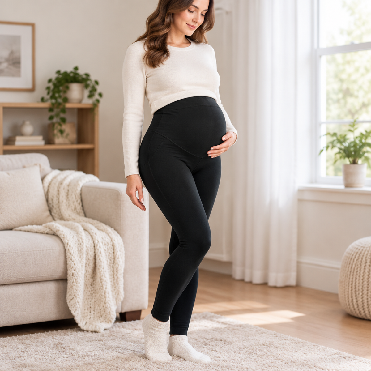 Pregnant model wearing black thick fleece maternity leggings indoors, showing the belly support panel fit