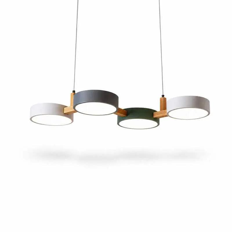 Scandinavian linear pendant light with four round LED shades and natural wood accents for dining spaces (10795371266381)