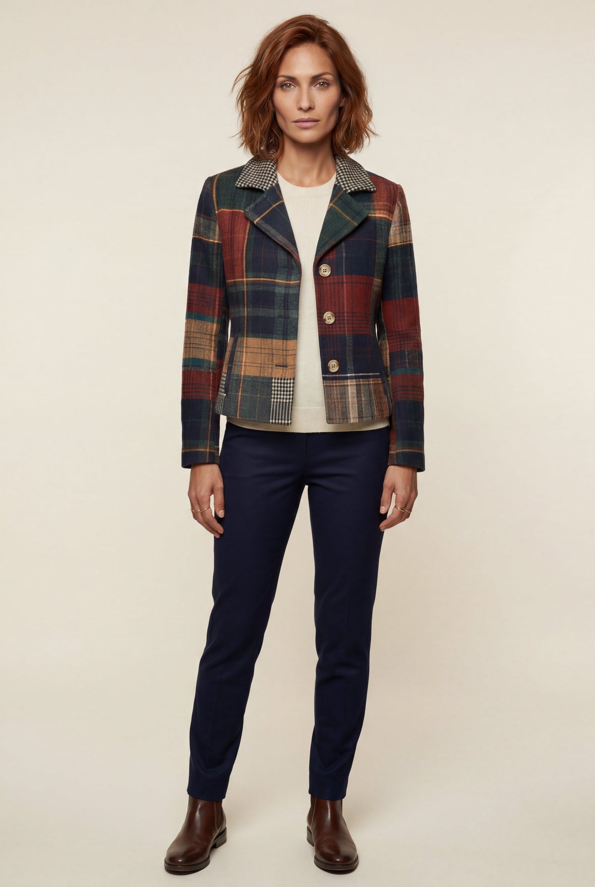 Navy Blue Navy Plaid Tailored Boxy Blazer with Houndstooth Accent - Winter coats - Photo 1