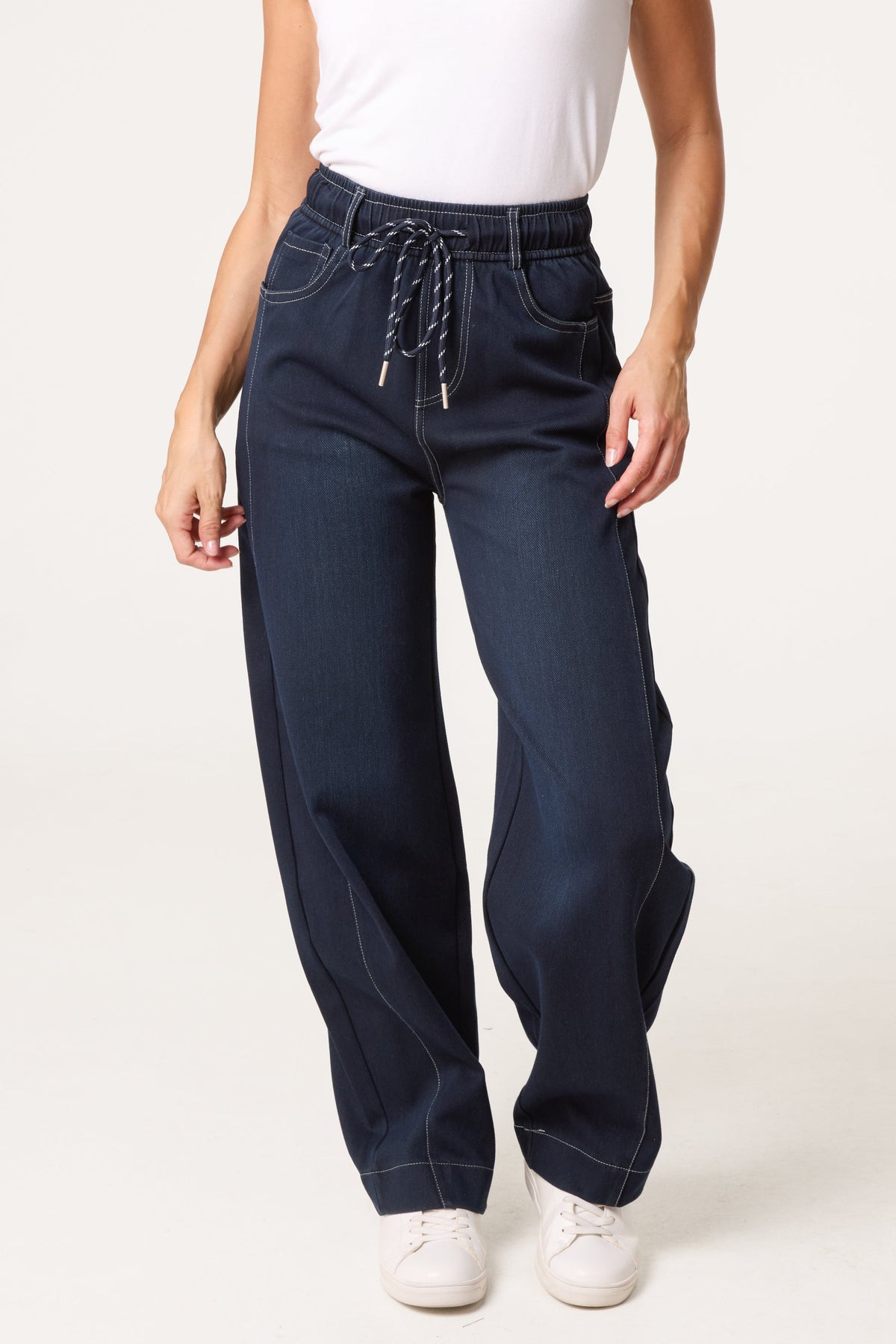 Jean Femme Jambe Large Taille Haute Indigo à Surpiqûres