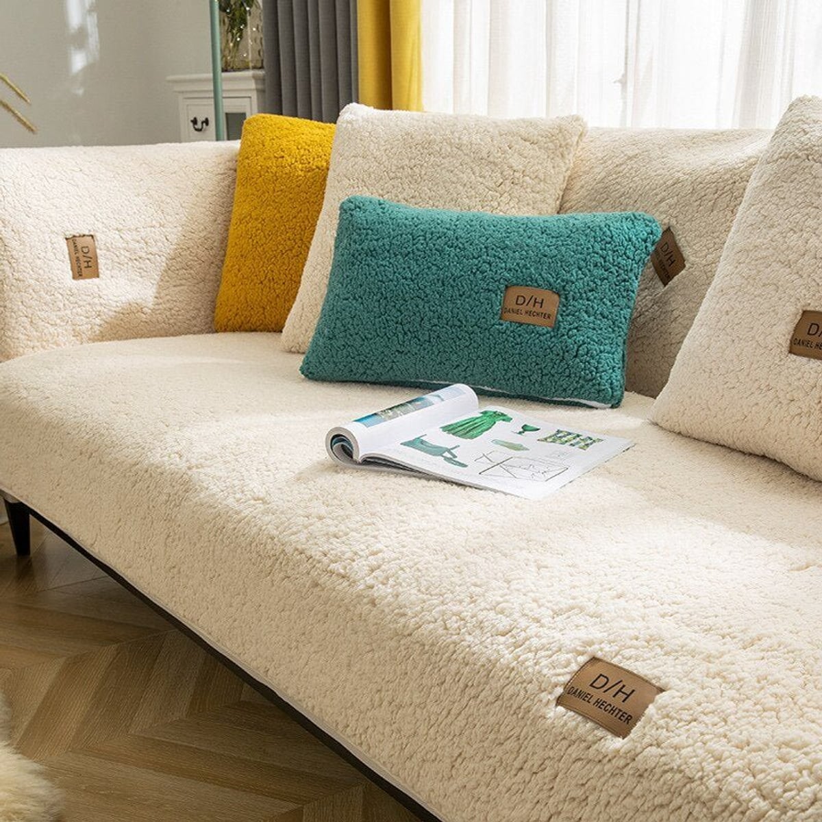 non-slip fleece sofa cover in cream