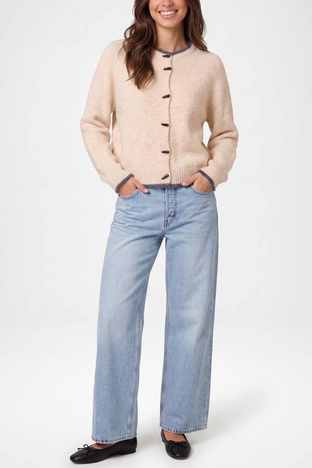 Cardigan Femme Col Rond en Maille Beige Pierre