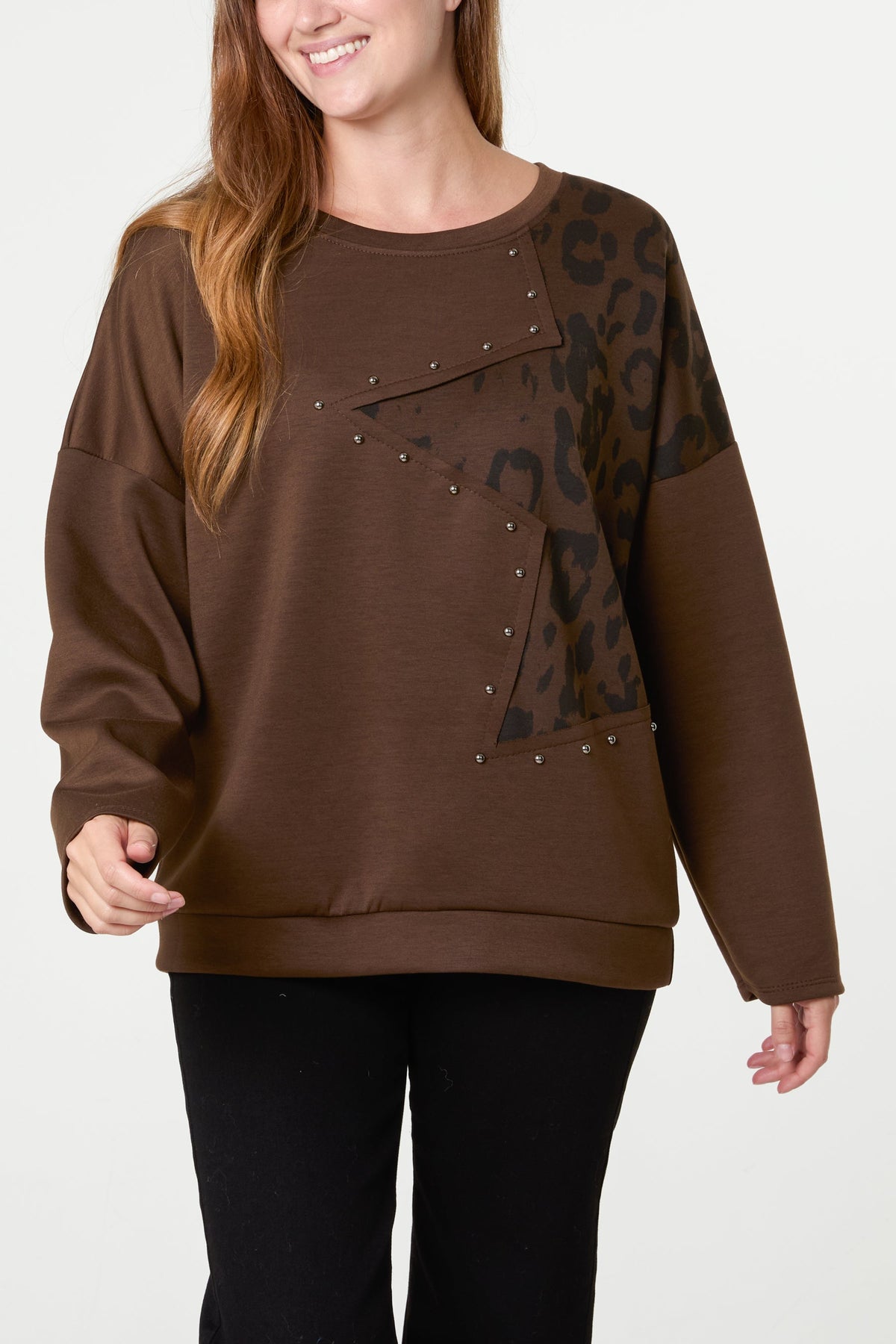 Pull Femme Imprimé Léopard Étoile Clouté - Maille Extensible