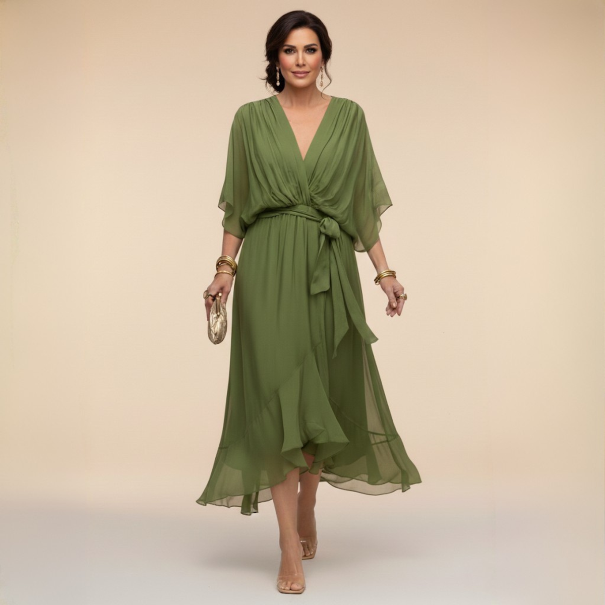 Robe Portefeuille Midi Femme Col V, Manches 3/4