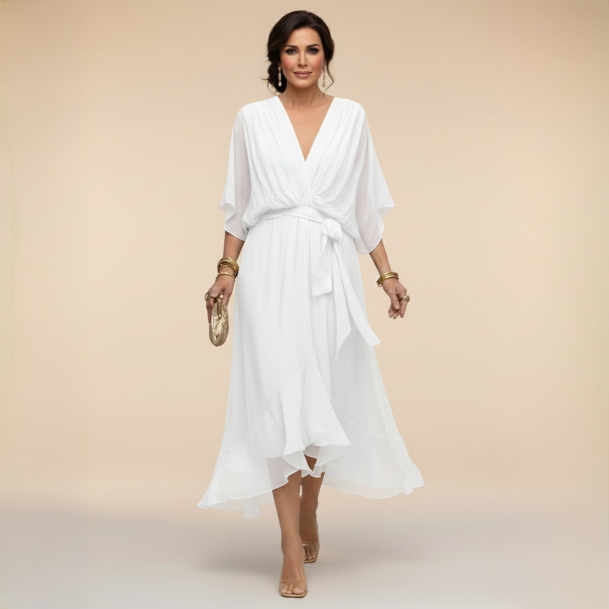 Robe Portefeuille Midi Femme Col V, Manches 3/4