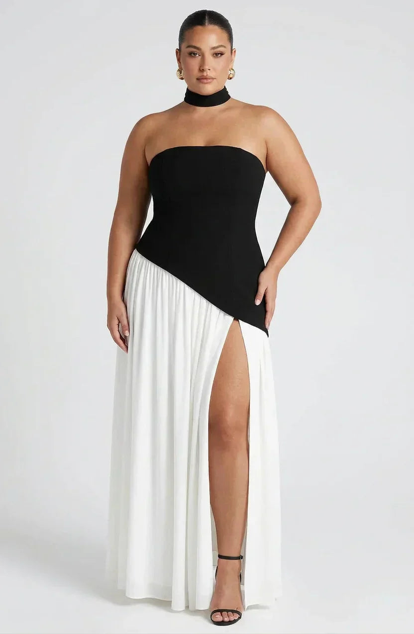 Robe Longue Bustier Noire et Blanche à Fente Asymétrique